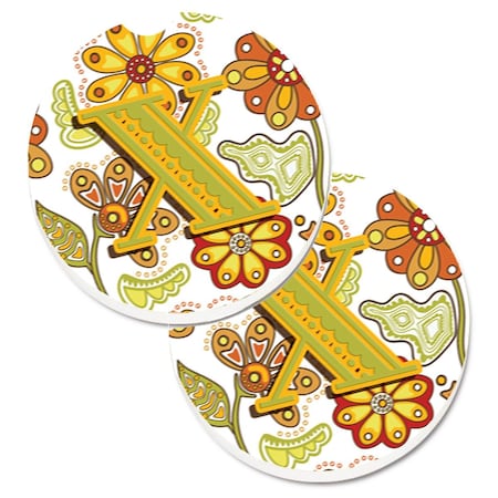 Carolines Treasures Letter x Floral Mustard and Green Set of 2 Cup Holder Car Coaster CJ2003-XCARC